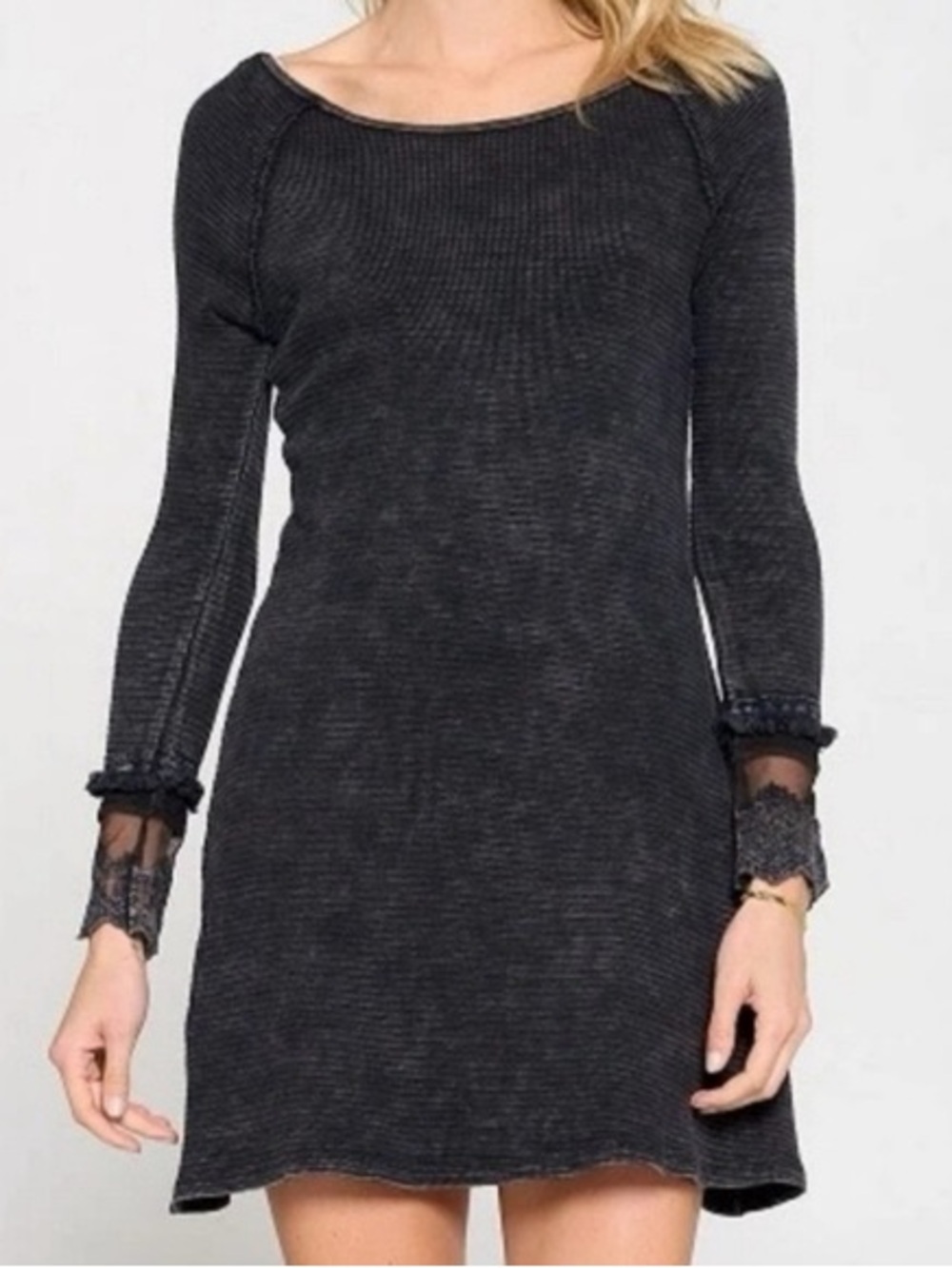Able Waffle Knit Mini Dress Lace Cuff Ballet Neck Dark Grey Boho Casual XL NWT